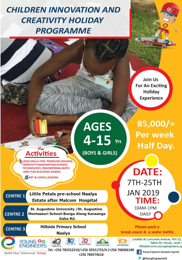 RugyendoQuotes's tweet photo. THE CHILDREN INNOVATION AND CREATIVITY HOLIDAY PROGRAMME HAS RESUMED TODAY HERE AT @YoungEngUganda Programme!
See poster for details on how your child can be part of the practical Science, Technology, Engineering and Maths revolution! #youngengineersug #e2YoungEngineers https://t.co/8IlThNWgiD