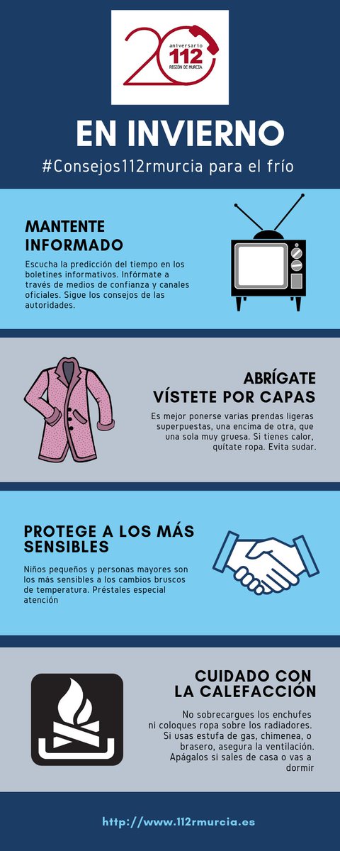 #Consejos112rmurcia para el frío

✔️Infórmate del tiempo a través de medios de confianza y canales oficiales
✔️Abrígate y abriga a los tuyos
✔️Presta especial atención a las personas mayores
✔️Mucho ojo con la calefacción