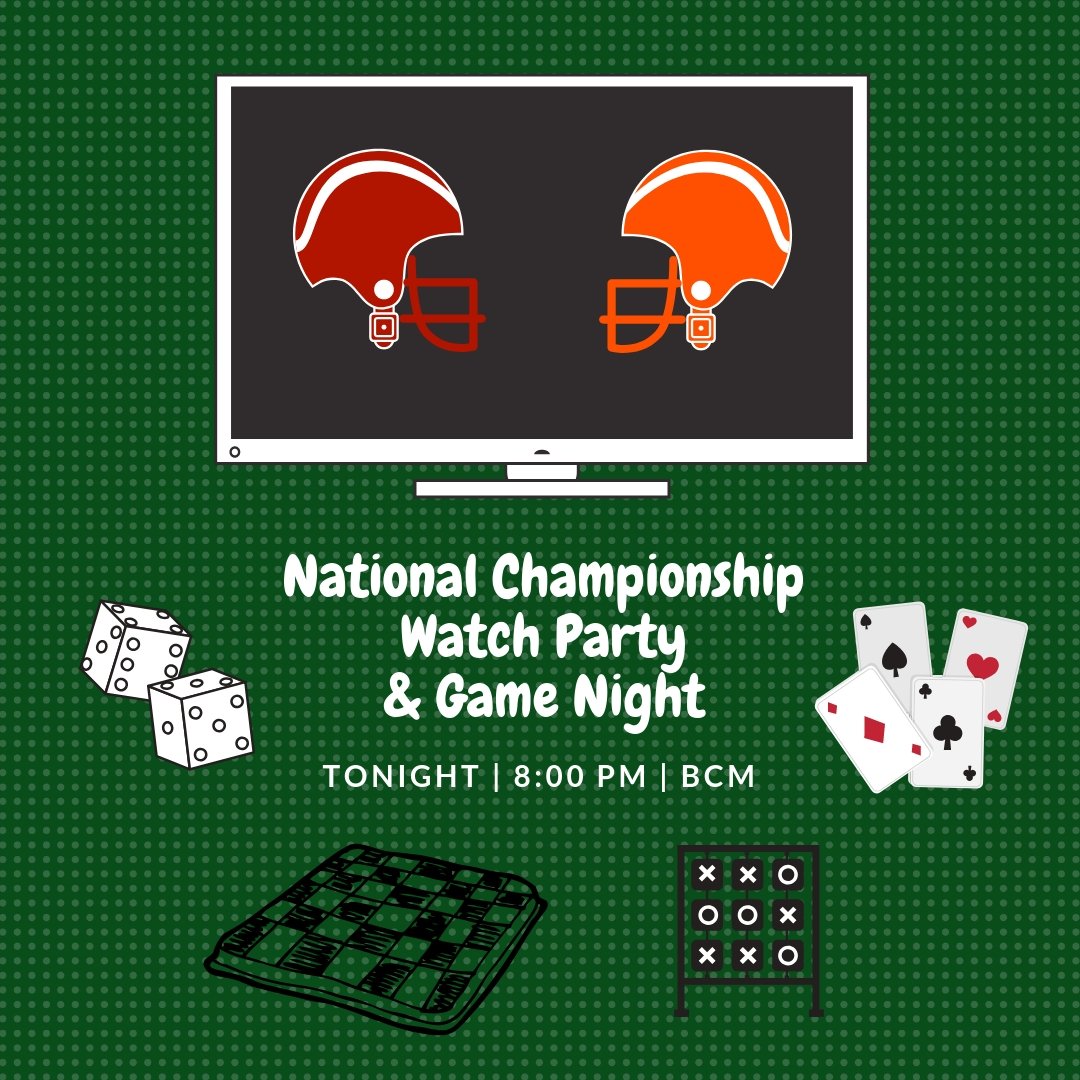 UGABCM's tweet image. Join us tonight at 8pm to watch the national championship game or just come to play games and hang out. Snacks will be provided. Bring your friends and your favorite board game!