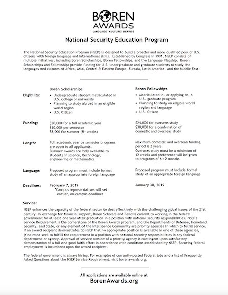 oucis's tweet image. Are you interested in studying a critical language abroad in summer or fall 2019? Apply now for a Boren Scholarship! Open to undergrads and graduate students. For more info, visit borenawards.org. @OU_MLLL @OU_AR_flagship #studyabroad