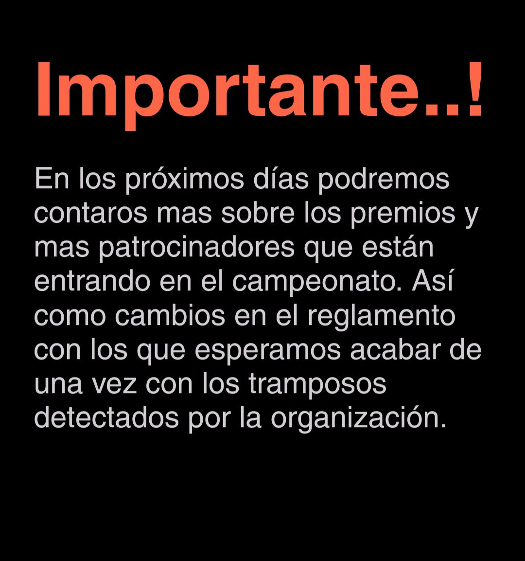 En unos dias contaremos mas en profundidad el caso de los tramposos!! 
Hasta entonces solo podemos adelantar que el campeonato va a dar un cambio de 360°
Con un nuevo formato anti-tranposos
Todo sea por la igualdad del campeonato.
