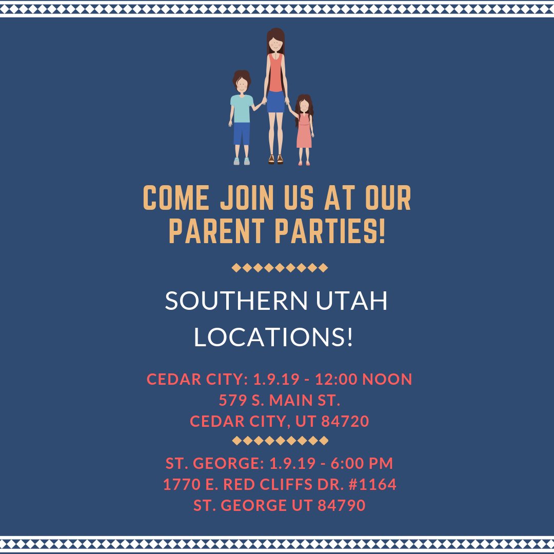 UTVAAdmin's tweet photo. Join us for our upcoming Southern Utah Parent Parties!  Bring phone or tablet device to play fun games and meet new people! https://t.co/LjXezcgTIW