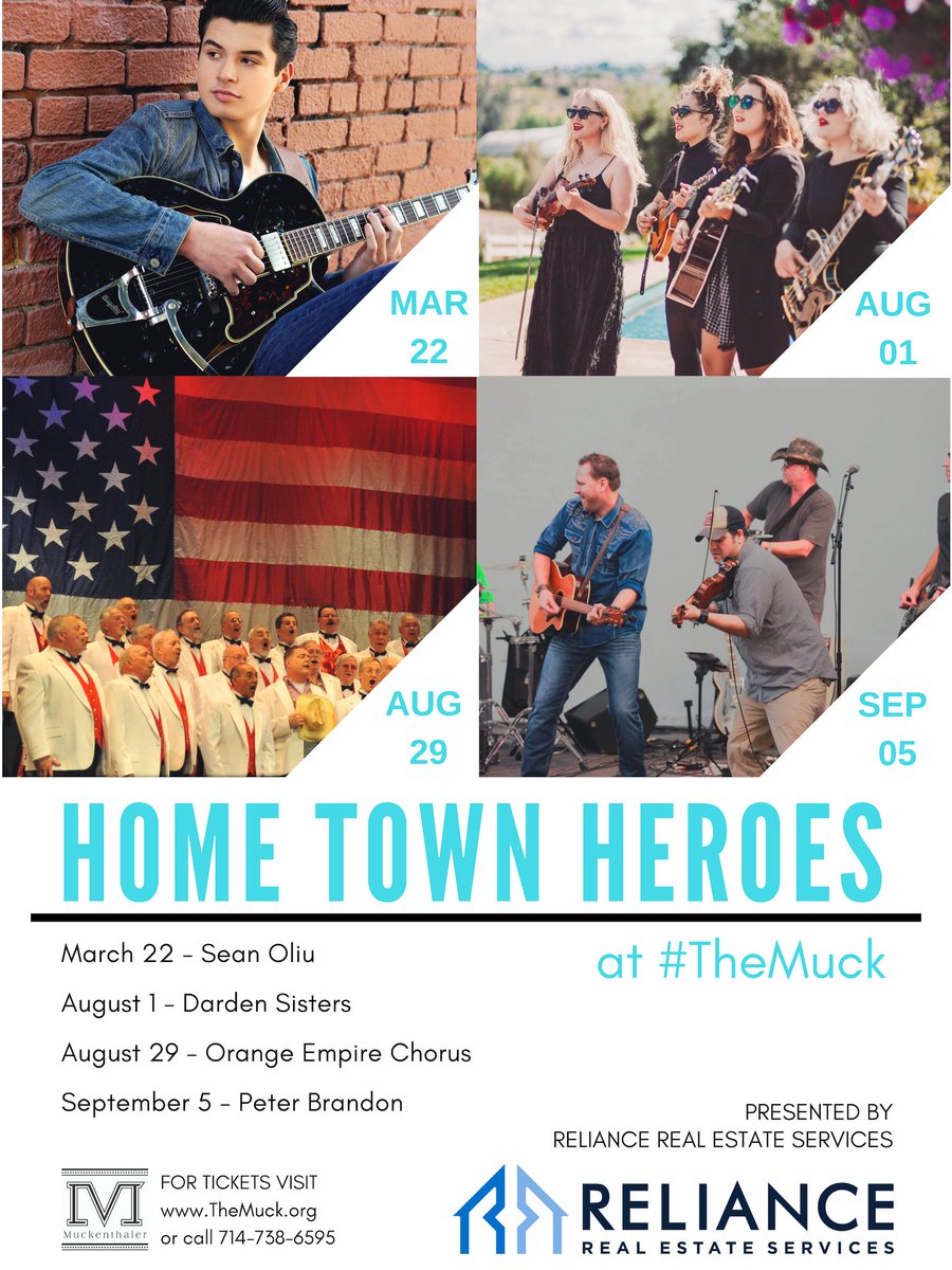 MuckCC's tweet photo. In 2019, we will celebrate Home Town Heroes! Sponsored by @RelianceRES1 #OrangeCounty #TheMuck #Concerts \ Featuring @SeanOliu #rocknroll @dardentheband #folkmusic #OrangeEmpireChorus #acappella #PeterBrandon #countrymusic \ Tix at https://t.co/dhYx2FseGy https://t.co/9rAKfEfIFc