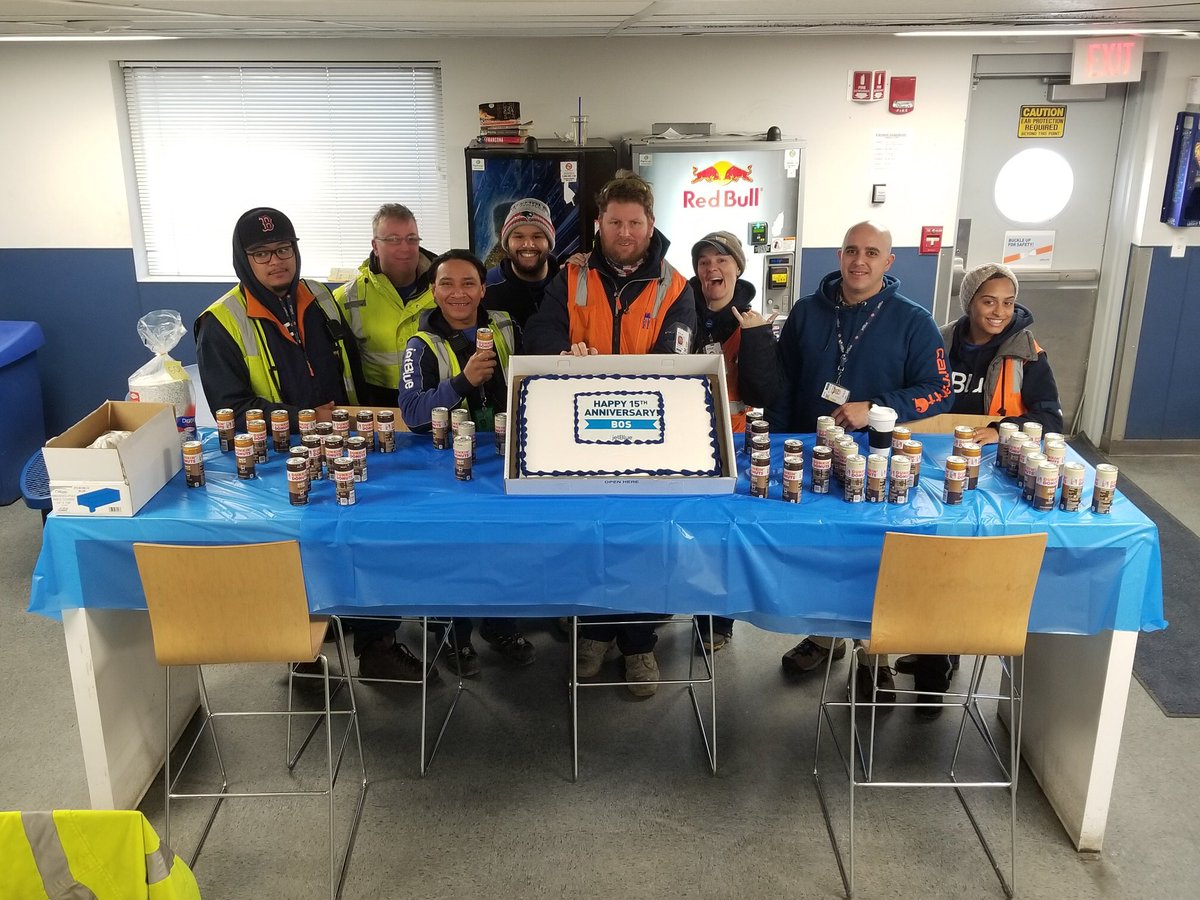 Happy Anniversary BOS!!
<a href="/JetBlue/">JetBlue</a> Crewmembers celebrating our 15 years <a href="/BostonLogan/">Boston Logan International Airport</a> today. <a href="/HelloJetBlue/">HelloJetBlue</a>