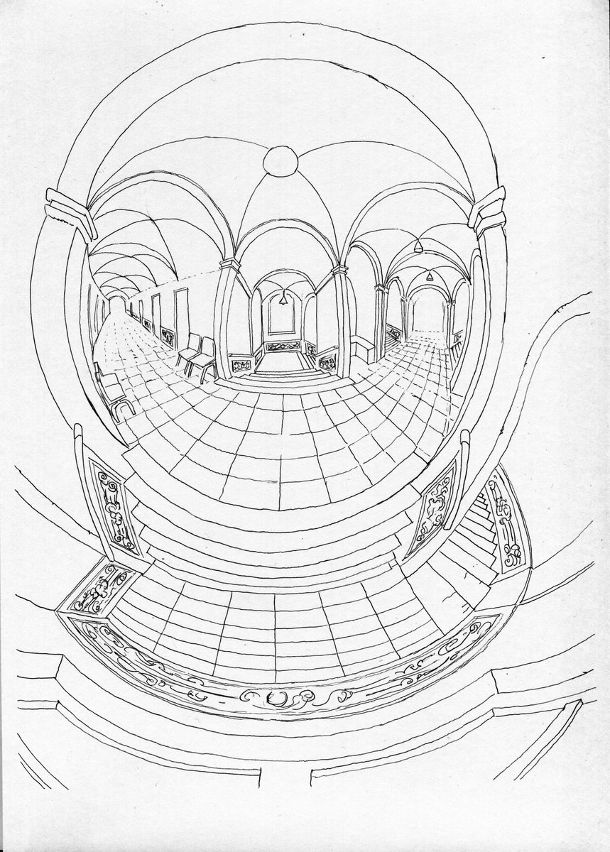 Another #fisheye #spherical #perspective #drawing at #fbaul, which has the coolest stairways. Again in the spirit of my @MathsArts paper (doi.org/10.1080/175134…), this time in #ballpointpen. #art #usk #UrbanSketchers #sketchbook #bic #360panorama #sketch