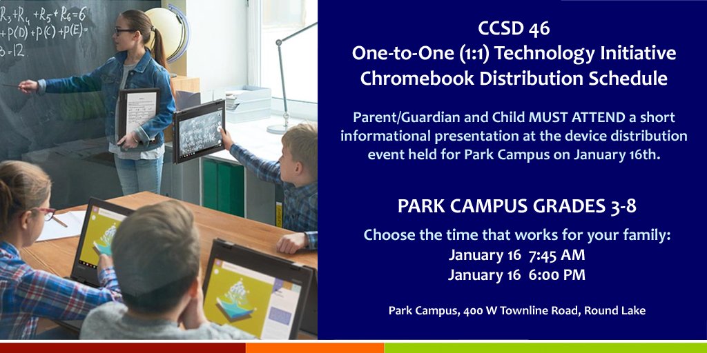 CCSD46's tweet photo. Welcome back! @PCWolves families with students in grades 3-8, make sure to mark your calendars for the upcoming Chromebook Distribution on January 16th - choose the time that works best for you! #OneD46 #D46tech https://t.co/Q5D4rk9o1W