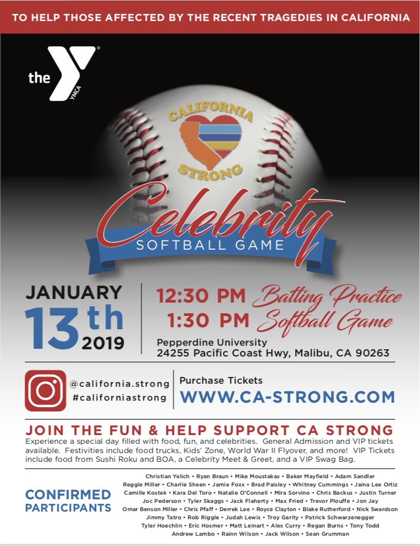 Can’t wait to support my friends at #CaliforniaStrong, come out to their Celebrity Softball Game next Sunday 1/13! Food trucks, a kids zone, and more! LA, get your tix here: smarturl.it/CAstrongsoftba… SEE YOU THERE ⚾️