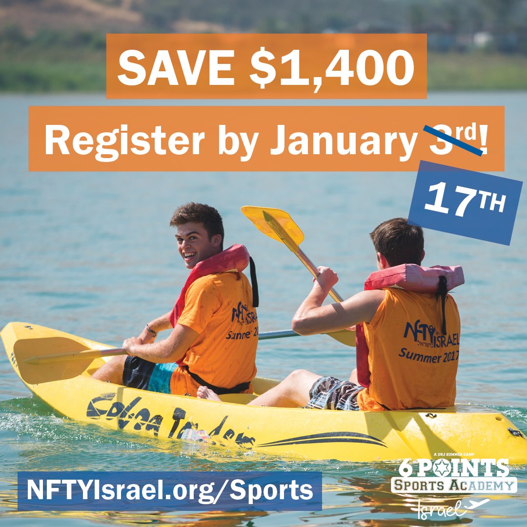 The early bird rate for Sports Israel has been extended! Register for our brand new teen Israel trip by January 17th to save $1400! Let us know if you have any questions!
nftyisrael.org/sports