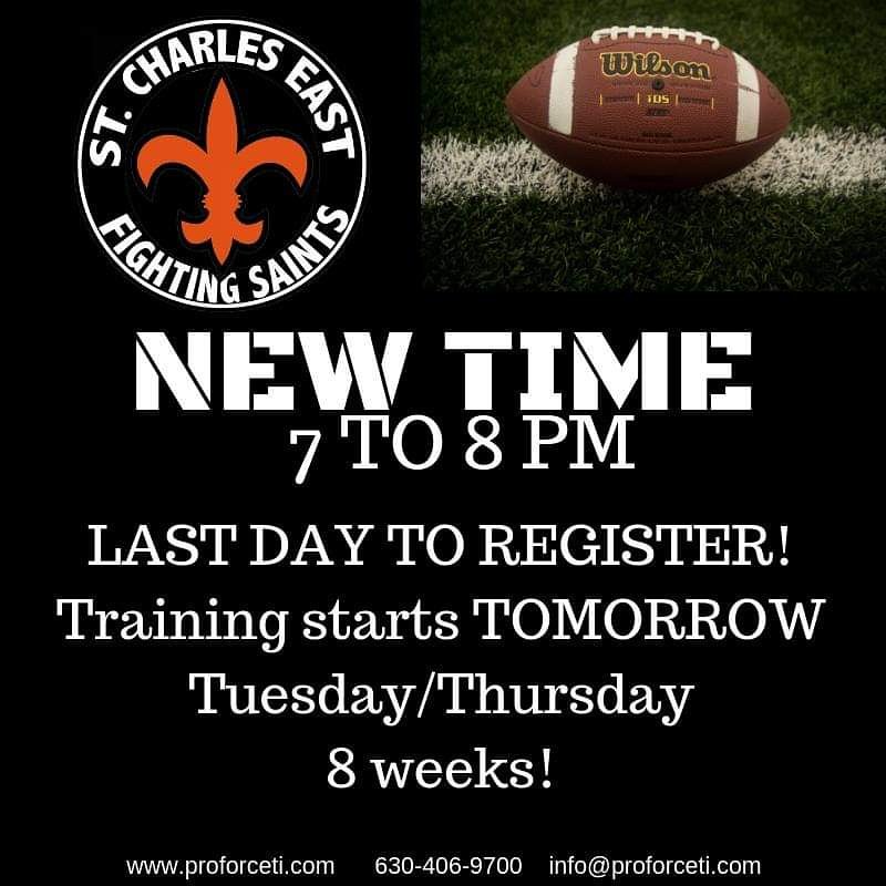 PF_Train_Insane's tweet photo. ‼️NEW TIME FOR St Charles East Football Players ‼️
LAST DAY for REGISTRATION
STARTS TOMORROW!
Register on our website.
#NoOffSeason
#TrainWhereTheProsTrain
#StCharlesEastFootball
#STCEFootball
#FightingSaints
@STCEFootball
https://t.co/hQN4U7F5nu
#BuiltForLongevity https://t.co/I6iU4eqVj4