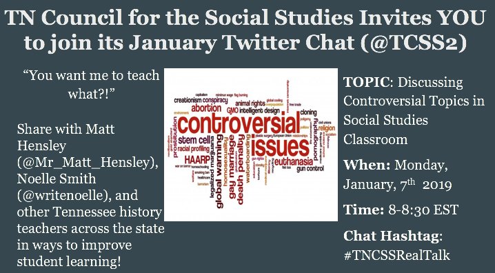 Dr_Matt_Hensley's tweet photo. Get EXCITED TN #SocialStudies Peeps!
It's⏱️again for the monthly TN Council for the Social Studies Twitter Chat hosted by yours truly and the AWESOME @writenoelle!👏

Join us TONITE (1/7/19) at 8:00pm(EST)/7:00pm(CST)!
Chat Hashtag: #TCSSRealTalk
More deets below! #DoItForTheSS https://t.co/Fq7g5CbpBC