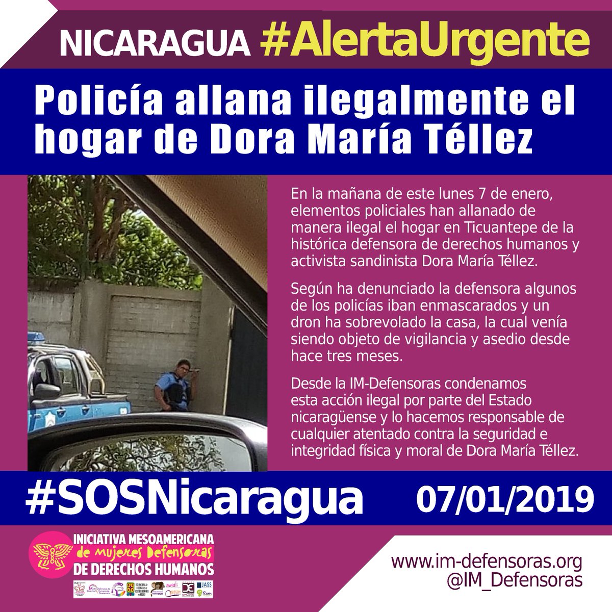 IM_Defensoras's tweet photo. 🆘 #AlertaUrgente NICARAGUA / Policía allana ilegalmente el hogar de la histórica defensora de #DDHH y activista sandinista @DoraMTellez ▶️https://t.co/rXNuReOwpI #SOSNicaragua #SolidaridadFeministaConNicaragua @ForstMichel @PauloAbrao @mbachelet @CIDH @ONU_derechos https://t.co/iGj2D3SkTW