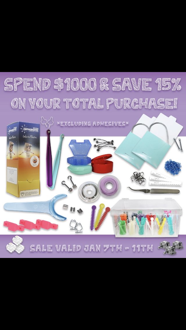 FiveStarOrtho's tweet photo. Spend $1000 and save 15% on your total purchase! *excludes adhesives* Sale valid January 7th-11th, visit https://t.co/GDXJNS1pw4 for more information! #FiveStarOrtho #Orthodontics #Dentistry #OrthoLab #OrthoSupply #Sale https://t.co/CM2wHCrsSI