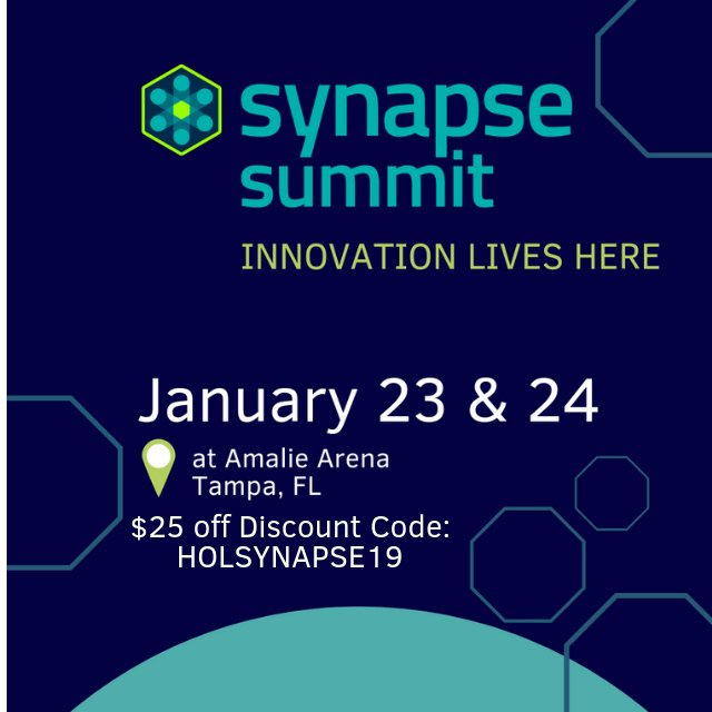 Antony511's tweet photo. I have my tix to @SynapseFL @AmalieArena do you? save $25 with discount code HOLSYNAPSE19 
 Let me know if I should keep an eye out for you 😀#InnovationLivesHere #SynapseSummit #createcollabs. https://t.co/PVEmJQACdz