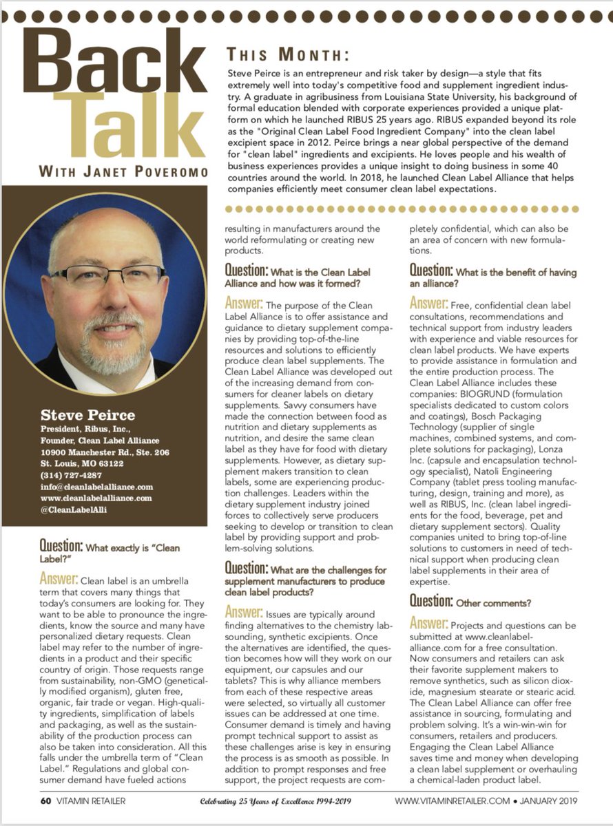 PitchAmy's tweet photo. Steve Peirce @RIBUSinc is featured in #BackTalk @vitaminretailer this month discussing the newly launched @CleanLabelAlli with @LonzaGroup @biogrund @BoschGlobal @NatoliEng and how they will will help companies go clean more seamlessly #CleanLabel https://t.co/47ZTmiYTV5