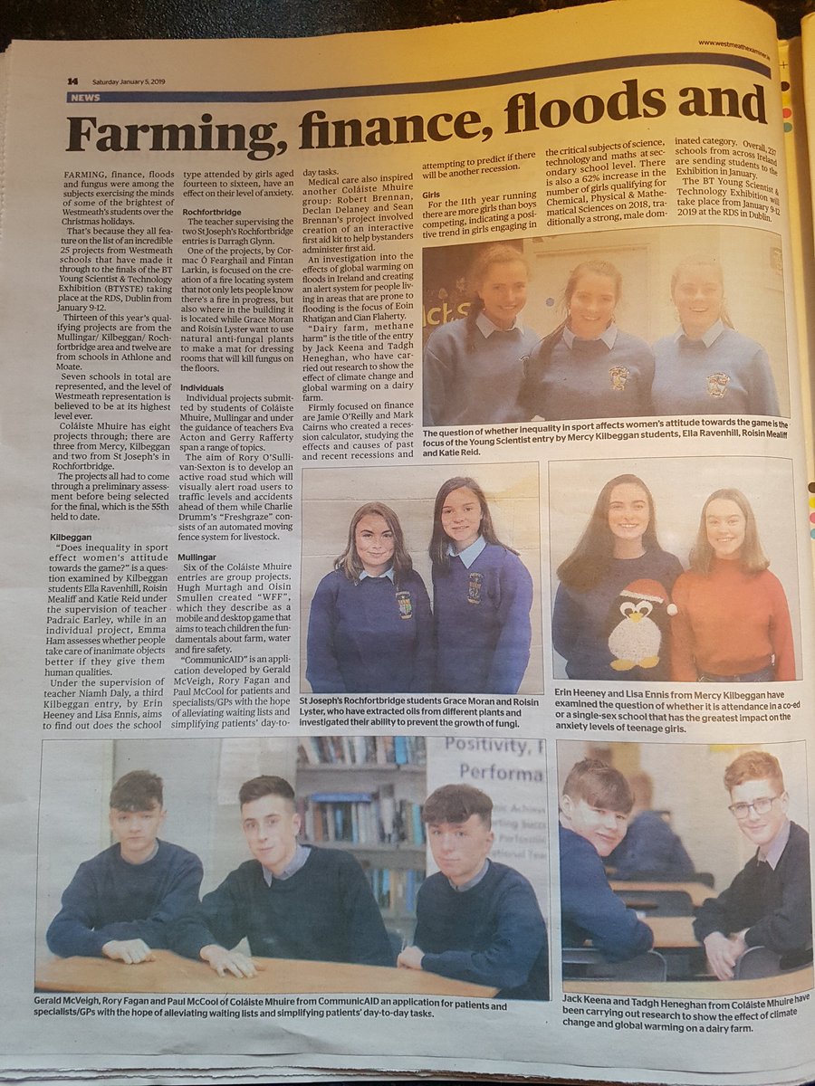 ColaisteCoding's tweet photo. Fantastic to see 13 projects from Kilbeggan, Rochfortbridge and of course Mullingar represented at @BTYSTE this year! A lovely piece in @WHExaminer showcasing them! So great to have 8 projects in from @CbsMullingar #BTYSE #STEM #Midlands #WestmeathExaminer https://t.co/Smm3HBMvt8