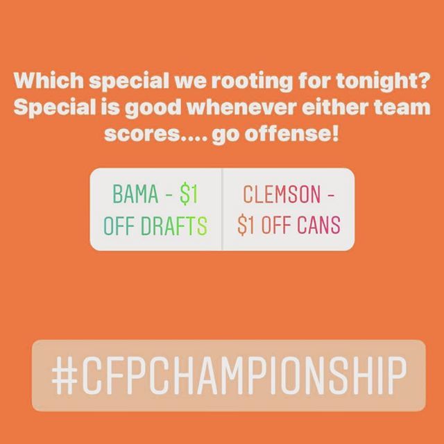 Come on in and enjoy the game tonight with these great specials. Basically everyone will just be cheering for offense! #collegefootball #bama #clemson #nationalchampionship #offense bit.ly/2Cayvx0