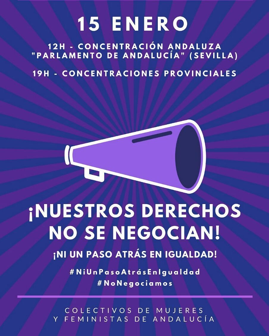 lapoderiofem's tweet photo. 📌#MovilizacionesFeministas en #Andalucía

📅 15 Enero
⌚ 12h Parlamento Andaluz
📍Sevilla

‼️‼️19h 🔜
Concentraciones Provinciales. Iremos informando.

#NiUnPasoAtrás  #NoNegociamos #FeminismoAndaluz  #NiUnPasoAtrasEnIgualdad https://t.co/QJ4yOYaloj