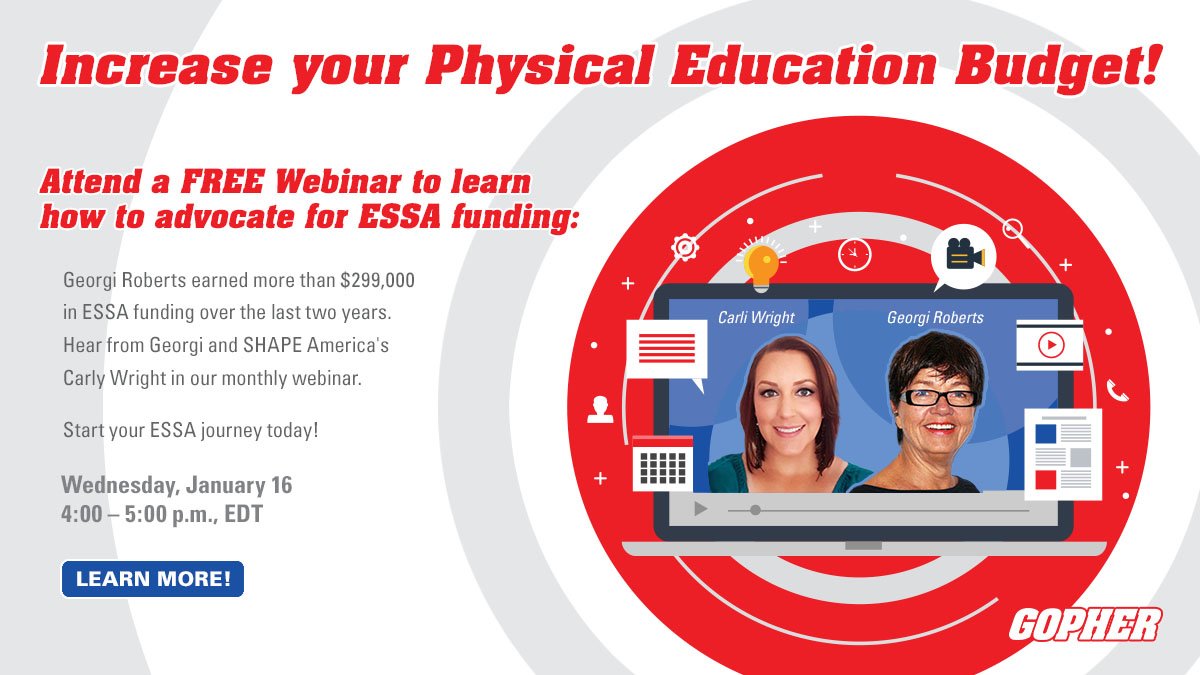 GopherSport's tweet photo. FREE Webinar: Learn how to stretch your budget with ESSA funding! Join Georgi Roberts and Shape America's @CWrightHPE to learn how to advocate for your #PhysEd program. Start your ESSA journey by registering today: https://t.co/x3JnpWfMLi https://t.co/9Y5Ic9KKya