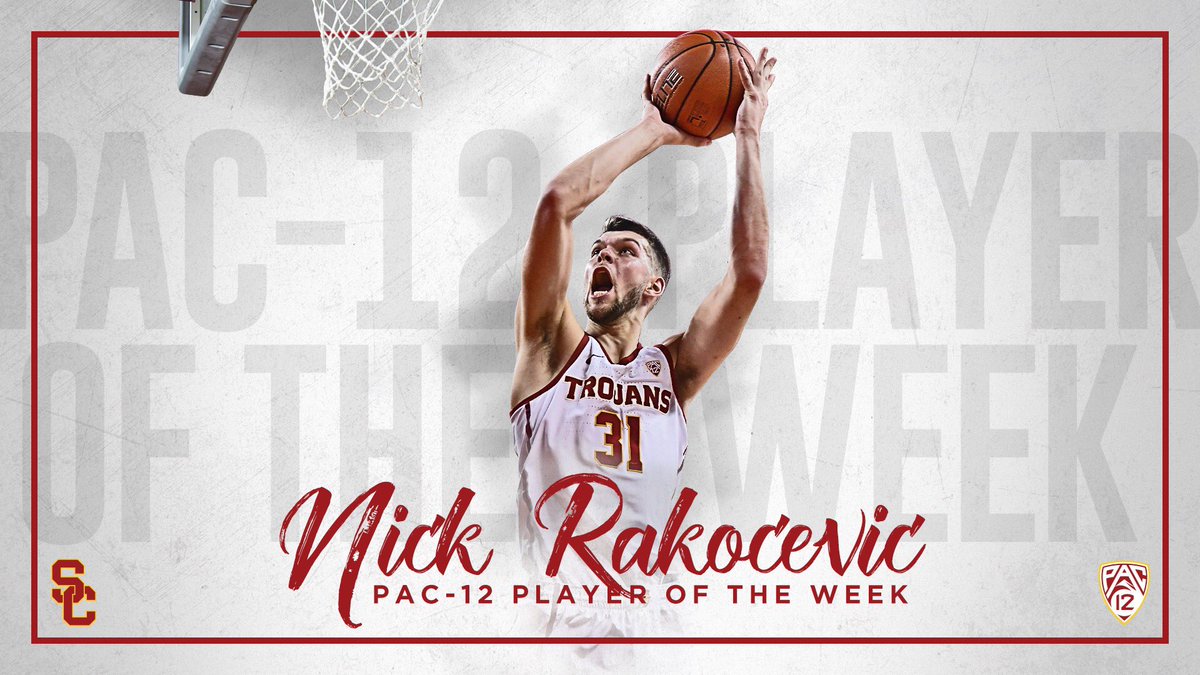 USC_Hoops's tweet image. Congratulations to USC forward @nick_rakocevic1 on being named the @Pac12 Player of the Week!

Rakocevic averaged 25 points and 9 boards in USC’s wins over Stanford and Cal. #FightOn