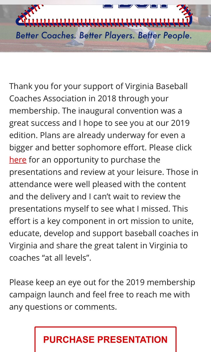 VBCA2018's tweet photo. @VBCA2018 members - email sent last Friday regarding opportunity to purchase @VBCA2018 #VBCA2018 Convention videos. Great content and great delivery. Please reach out if your did not receive email.
#uniteeducatedevelopsupport ⚾️coaches “at all levels” in VA. https://t.co/jZaQrIWfOE