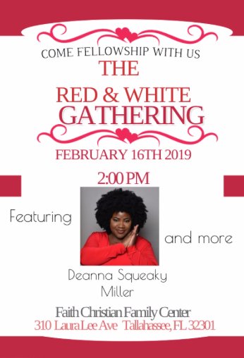 SingSqueaky's tweet photo. Family and friends come have a good time in Love !!! #Singsqueaky #Givers #iHeartTally #Fellowship 
#SingSqueaky #RedAndWhiteGathering #FaithChristianFamilyCenter https://t.co/7KpsByErhK