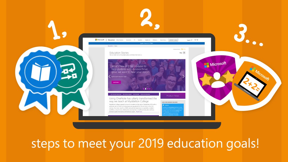 MicrosoftEDU's tweet image. Here’s a little #MondayMotivation to help you meet your 2019 education goals!
1. Sign up for a Microsoft Educator Community course: msft.social/xTGalJ
2. Get MEC-certified: msft.social/ZivI7z
3. Keep up with the latest #TeacherPD updates: msft.social/AGDJTf