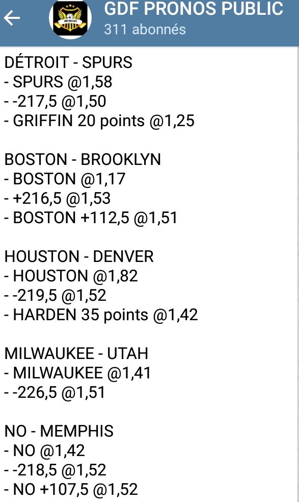 sikou_afrika's tweet image. Ça se tente!
#TeamParieur #NOVIP #NBA 
Infos recueillies sur le compte TELEGRAM GDF PRONOS PUBLIC.
Abonnez-vous, c'est gratuit et fiable.