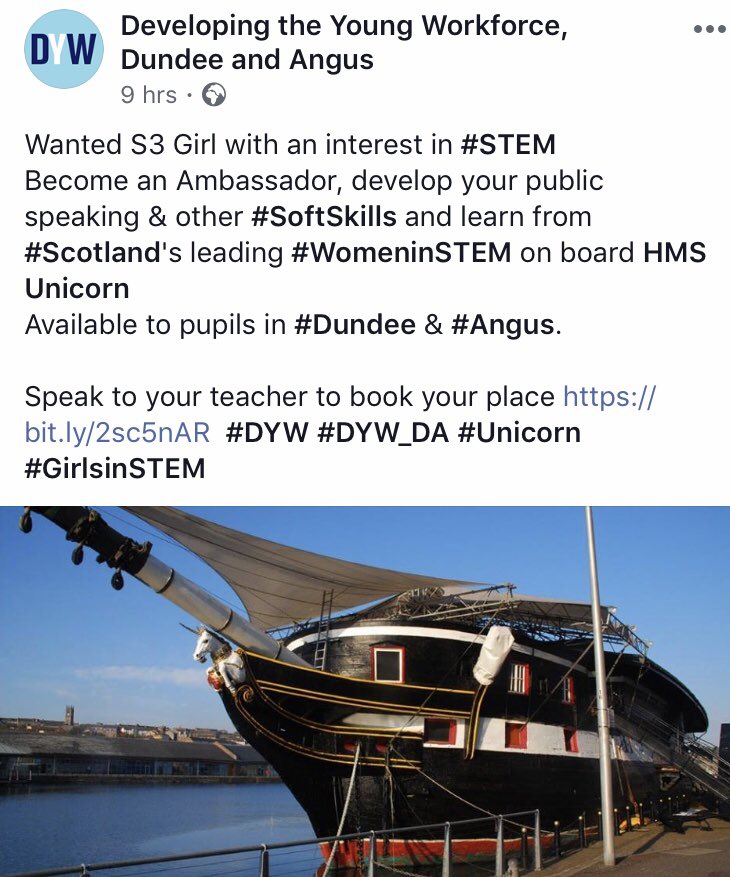 PcsWebsters's tweet photo. Fantastic opportunity open to S3 girls @WebstersHigh @Sciencewebsters @DYW_DA . #STEM #DYW #buildingexperience #WomeninSTEM #HMSUnicorn https://t.co/Q4FsD6S7kQ