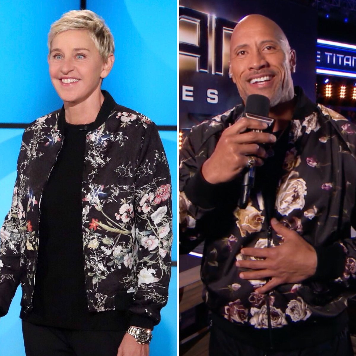 TheEllenShow's tweet image. First, I did #GameofGames, then you do #TitanGames. I wore this jacket, then you wore it. What’s next? @TheRock
