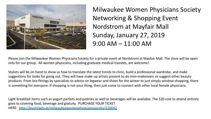 MKEWomenDocs's tweet photo. @MKEWomenDocs Networking &amp; Shopping Private Event!

Sunday, January 27, 2018
9:00 - 11:00 AM
Nordstrom at Mayfair Mall

PURCHASE YOUR TICKET NOW: https://t.co/WOBdzjdO1z https://t.co/ptdWlMttSo