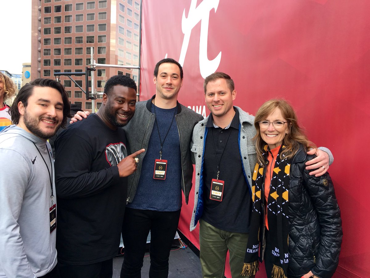 DannyCLT's tweet photo. Two of the best fans you’ll find. @SrRoss and @tigermom_NancyV representing for @AlabamaFTBL and @ClemsonFB on the #espnbillboard with @ESPNCFB https://t.co/pr3KgOkWJ6