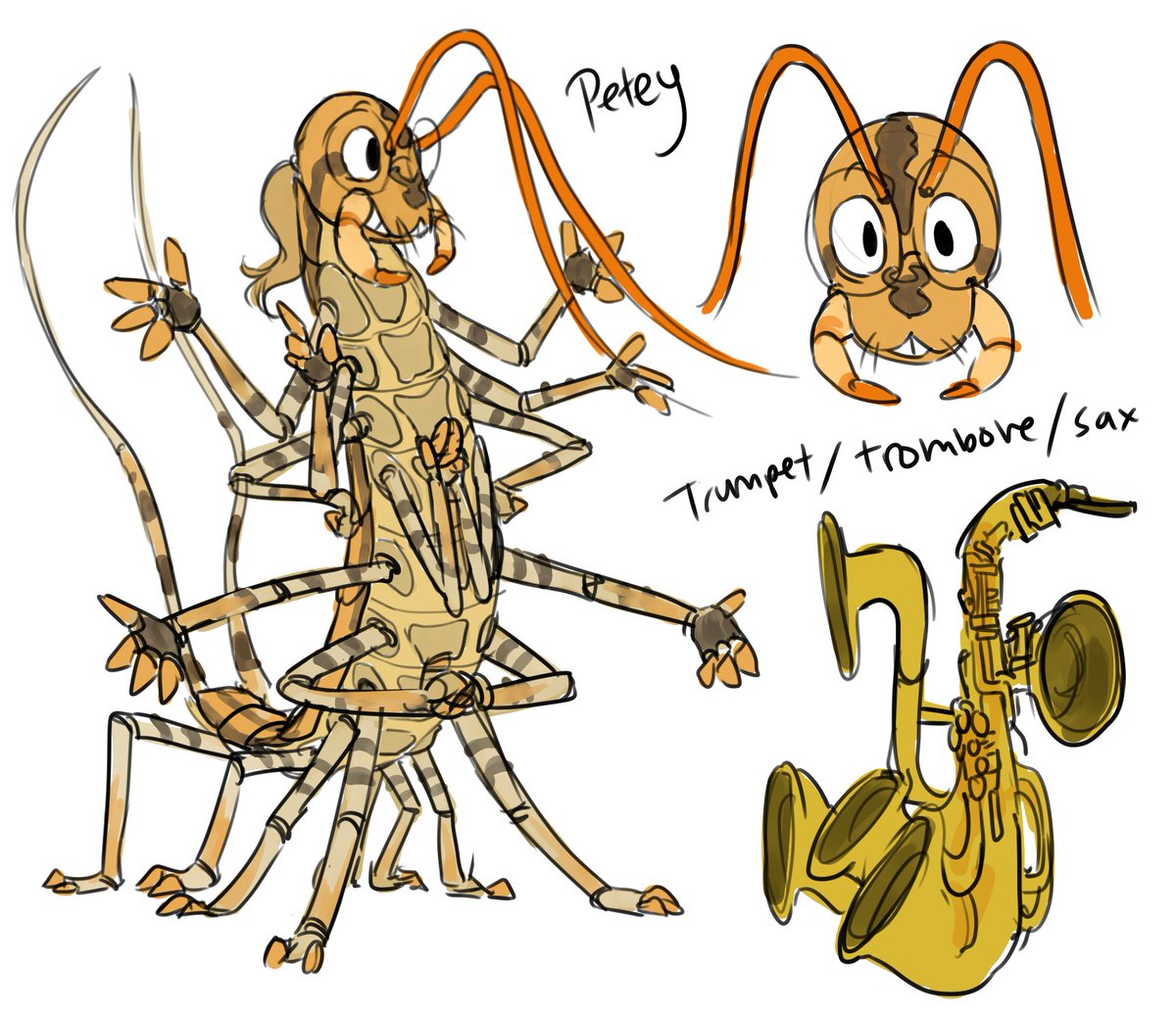 toldentops's tweet photo. Petey the house centipede! He loves making his own instruments and specializes in horns! #centipede #buganthro #bug https://t.co/Bfk9qOu1Rp