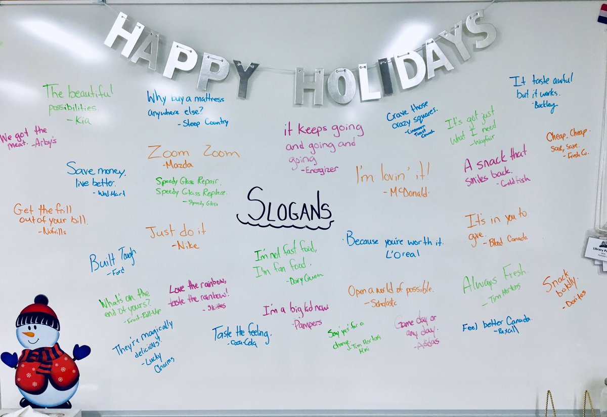 MissSkok's tweet photo. Look at all the slogans we know!#CoronationLearners exploring the immense power of slogans to persuade an audience. #MediaLiteracy #AskingWhy #GroupBrainstorm #DDSB https://t.co/vO5bXvUU6t