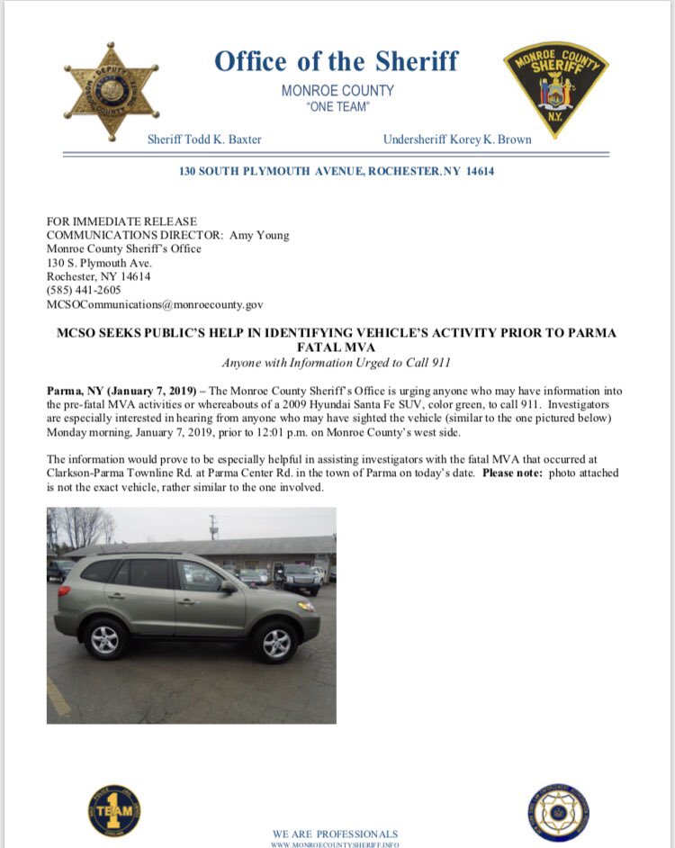 UPDATE:  MCSO Investigators asking for public’s help in identifying vehicle activity prior to Parma fatal MVA.  Anyone with information is urged to call 911.  Vehicle Description:  2009 Hyundai Santa Fe (color green) similar to replica photo below.
