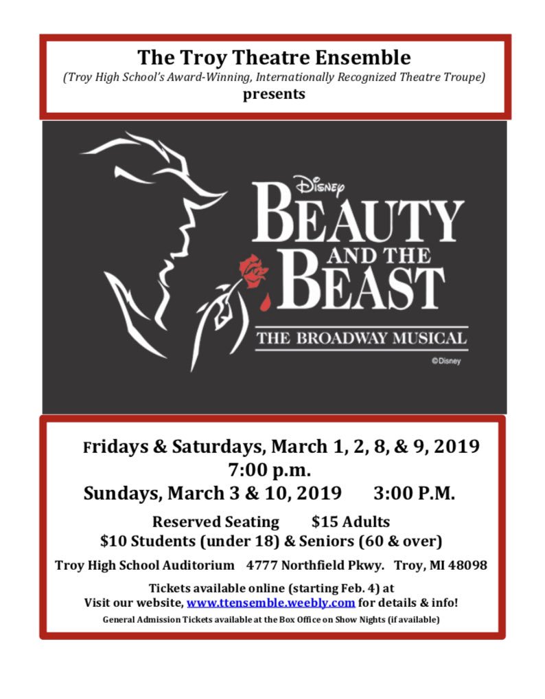 Save the date(s) and get ready for Troy Theatre Ensembles production of Beauty and the Beast... We cannot wait to see you there!!