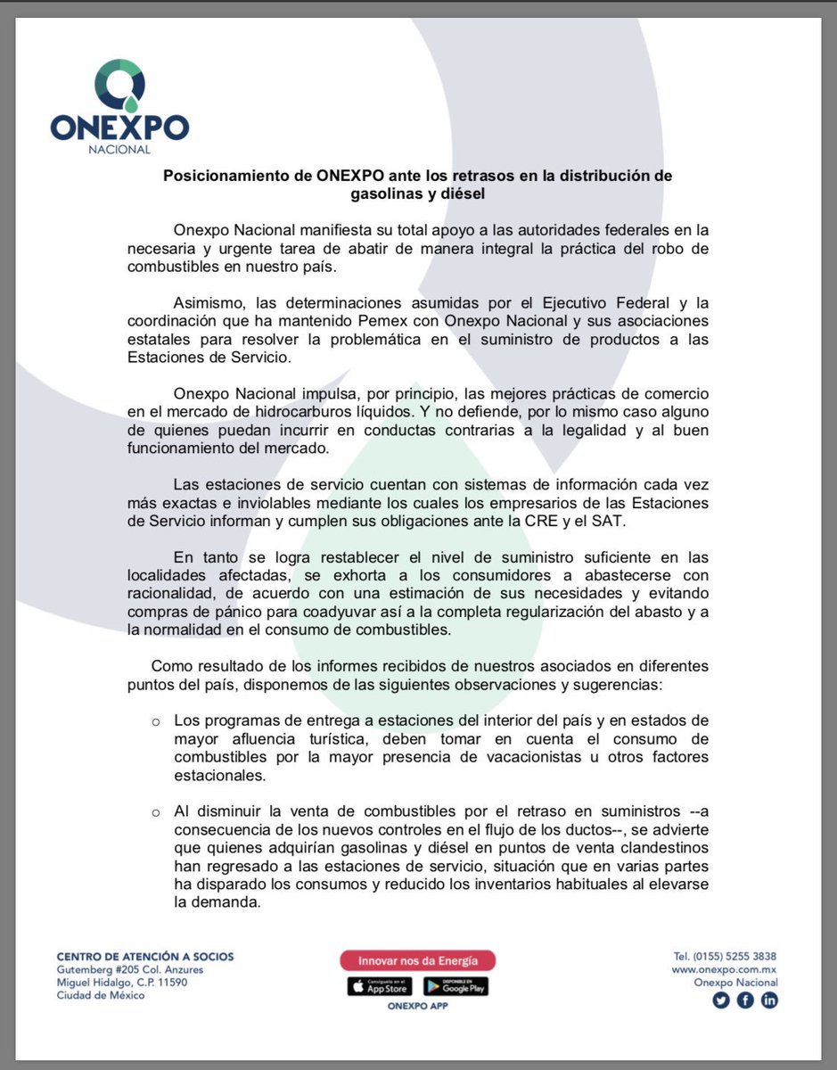 robertoddel's tweet photo. Posicionamiento de @OnexpoNacional ante los retrasos de la distribución de gasolinas y diésel en algunas regiones del país:
https://t.co/ElQX3DceZl https://t.co/bfOv2knBlN