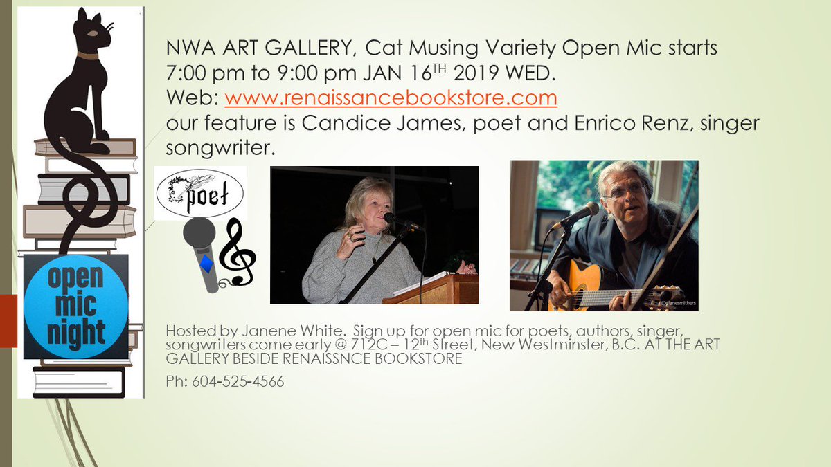 renaissancebks's tweet photo. #Cat Musings #Variety Open Mic 712C-12th Street, New @New_Westminster Jan. 16th 7:00 pm Wed. https://t.co/dymUdCwD3b