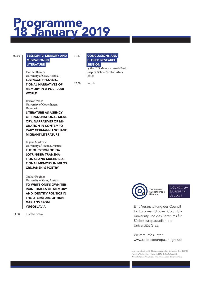 alma_jeftic's tweet photo. Great start into 2019! Workshop on Transnational Processes of Memory, Identity and Migration in Europe and beyond (Centre for Southeast European Studies/Uni of Graz, Council for European Studies/Columbia Uni)

#CES #CSEES #memory #identity #migration https://t.co/xx70PGSTYH