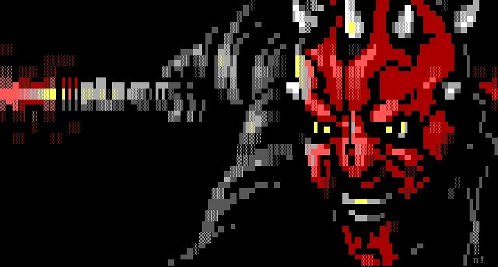 Darth Maul, my third, final and most badass red lightsaber wielder in textmode.

#darthmaul #raypark #sithlord #lightsaber #badass #starwars #phantommenace #crimsondawn #scifi #movie #ansiart #textmode #computerart #digitalart