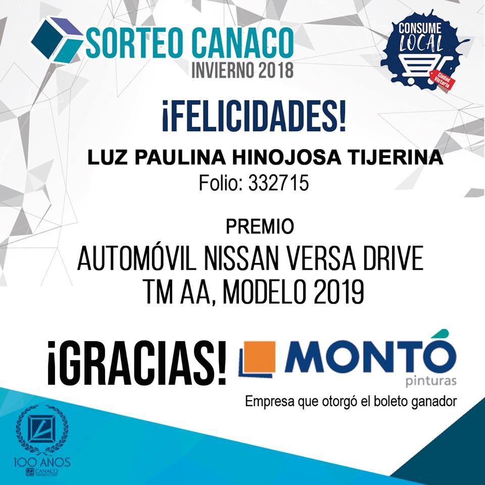 canacovictoria's tweet photo. FELICIDADES a la ganadora del 1er premio del Sorteo CANACO invierno 2018. 🙌🥳🚗
Pinturas Montó fue la empresa que otorgó el boleto ganador🤝🙌
✨ Apoya el consumo local y ¡Juntos reactivemos la economía de nuestra ciudad!👏
🔈#SorteoCanaco2018 #CANACOVictoria #ConsumeLocal✅ https://t.co/F0lHKGSfdn