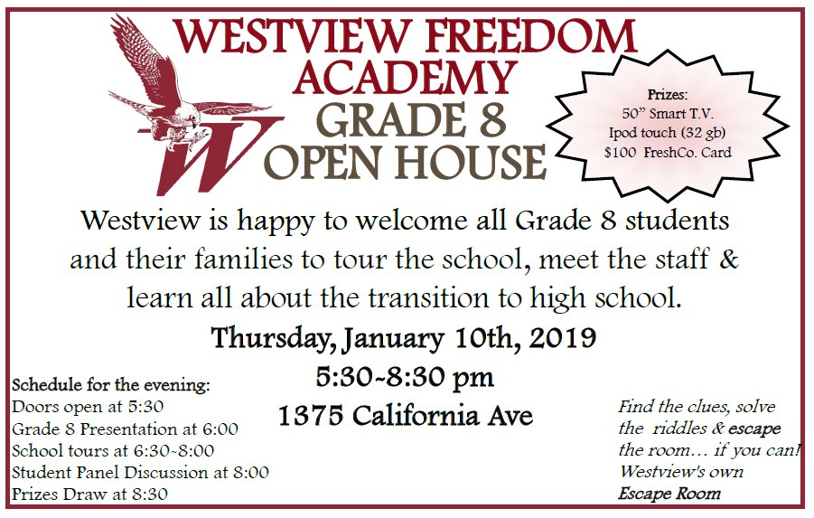 WestviewFreedom's tweet photo. Westview's Grade 8 open house is this Thursday, January 10th from 5:30-8:30! See attached for more info! https://t.co/ey0D4y5gXG