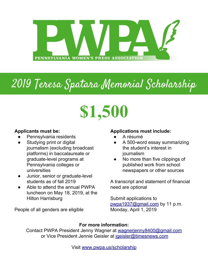 PWPAus's tweet photo. We are now accepting applications for the 2019 Teresa Spatara Memorial Scholarship! The contest is open to print and digital #journalism students at #Pennsylvania colleges or universities. Visit https://t.co/L3MZABBC7b for complete information and to download the flyer below! https://t.co/N1ClGlx0kh
