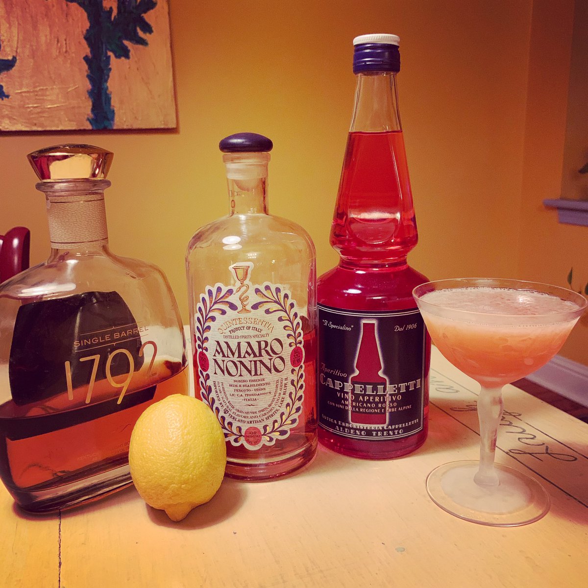 Fake_McAlinden's tweet photo. Current cocktail fav. Paper Plane. Est. 2007 by NY bartender Sam Ross (while listening to Paper Planes by M.I.A.). Equal parts bourbon, amaro nonino, aperol (I use cappelletti), lemon juice. Delish. #paperplane #samross #whiskeycocktails #newclassics #mixology #cocktailchemistry https://t.co/bhUiEx7iOF