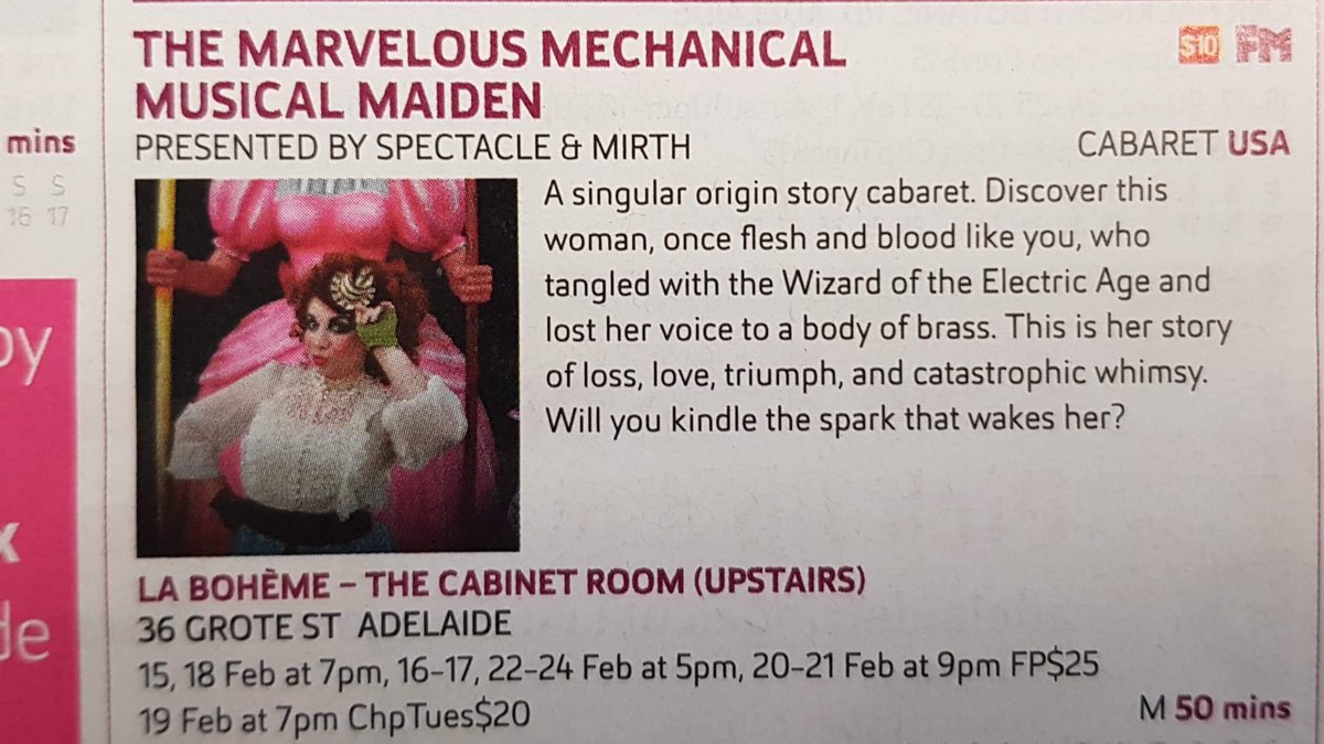 CarmelClavin's tweet photo. Hey #steampunk enthusiasts and humans who think #ladyengineers are awesome; Get your tickets for the #MechMaiden at @ADLFringe and witness a story of catastrophic whimsy! #STEAM https://t.co/jJjXO7pYGH