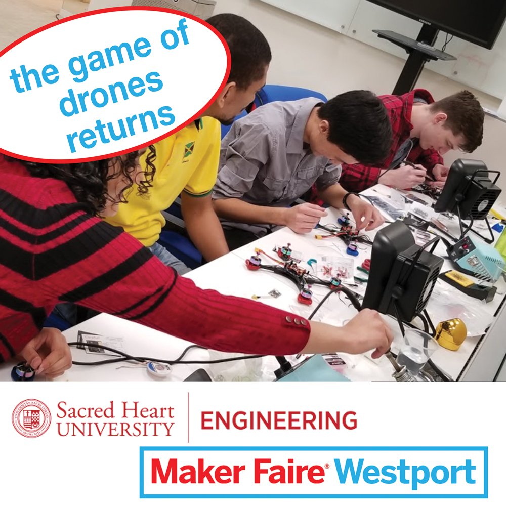 westportmakers's tweet photo. thanks to @sacredheartuniversity the game of drones returns for westport maker faire 2019 #getyourgameon #drones #robotics #stemeducation #mfwestport, #westportmakers #westport #shuengineering https://t.co/VmL0jDQVC4