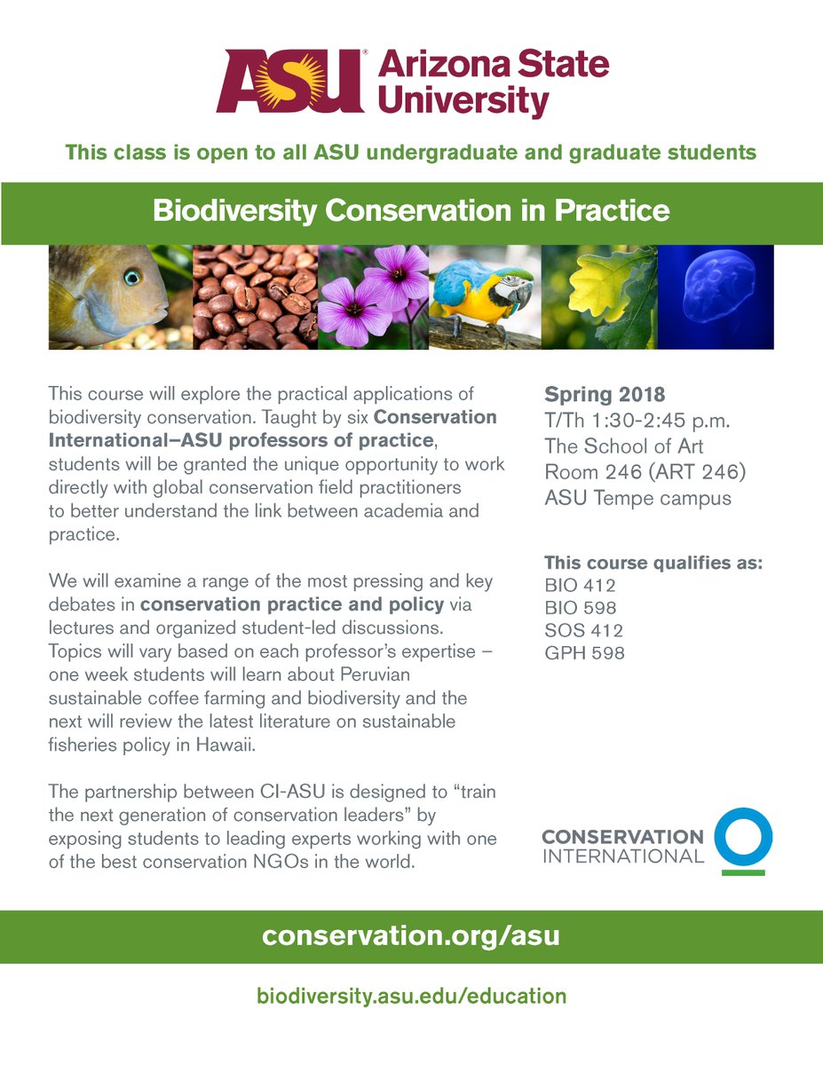 BiodiversityASU's tweet photo. Excited to launch tomorrow the second round of the Biodiversity Conservation in Practice class, taught at @ASU in partnership with @ConservationOrg https://t.co/6JO4jjAqWT #ProfessorsofPractice https://t.co/wZQnBmsyWZ