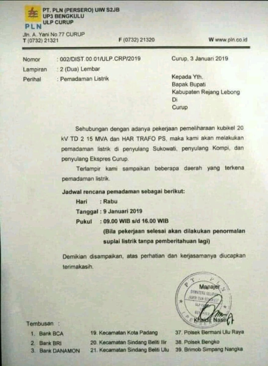 curup_online's tweet photo. Info Pemadaman Listrik untuk Wilayah Curup dan sekitarnya, Rabu 090119 puku 09.00 sd 16.00 https://t.co/GUTdlU8Wbl