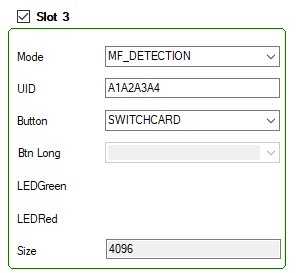 Easiest way to get your first key on a hardened Mifare Classic EV1 is with a #chameleonmini. Set up the slot you want to use like the pic, replacing the UID with the card you want to get the key for. Then all you need to do is have a battery in and hold it against the reader. 1/2