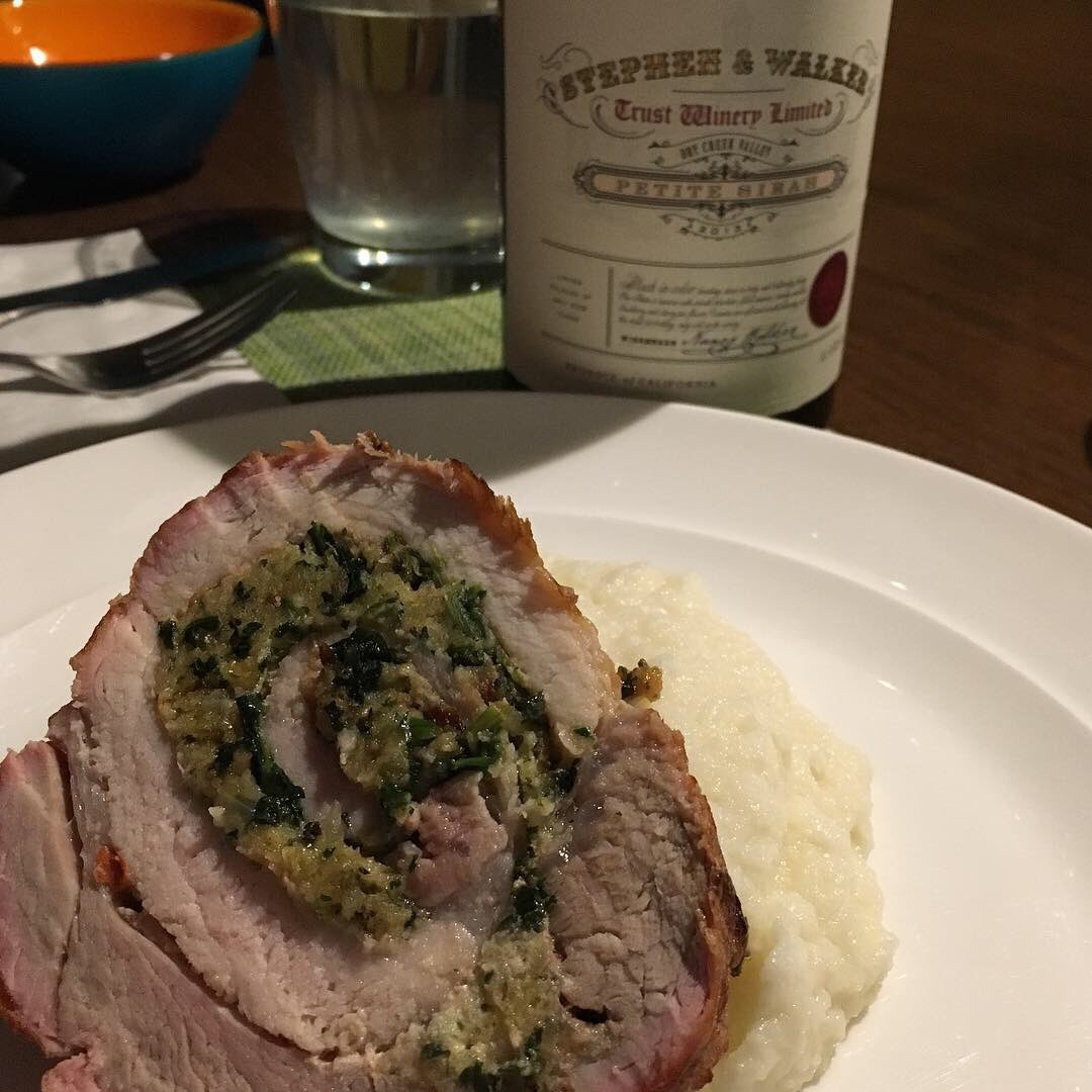 LauraWFUV's tweet photo. Fancy Monday! Stuffed pork loin with a beautiful Petite Sirah by #StephenandWalker, courtesy of the great folks at #Streamguys.com https://t.co/RNhCaQ4ej1