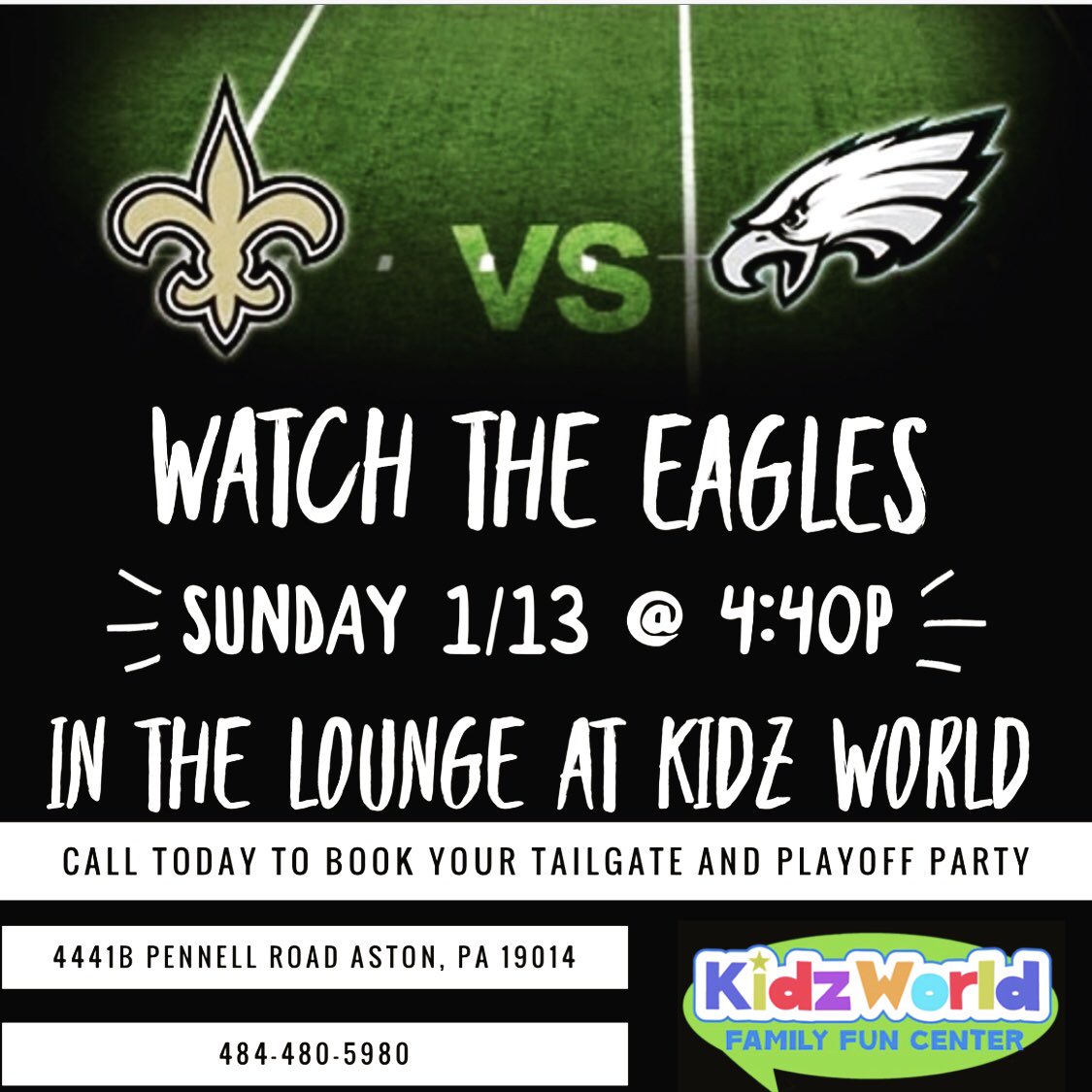 🎉🏈 Our lounge is open THIS Sunday 1/13 for the Eagles game!! Call today to book and host your tailgate and playoff party at the Lounge at Kidz World 🏈🎉